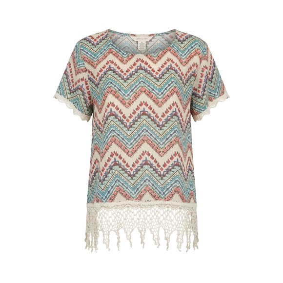 Eyeshadow Tops - Eyeshadow Women‎ Medium Multi Color Chevron Geometric Crochet Lace Trim Blouse